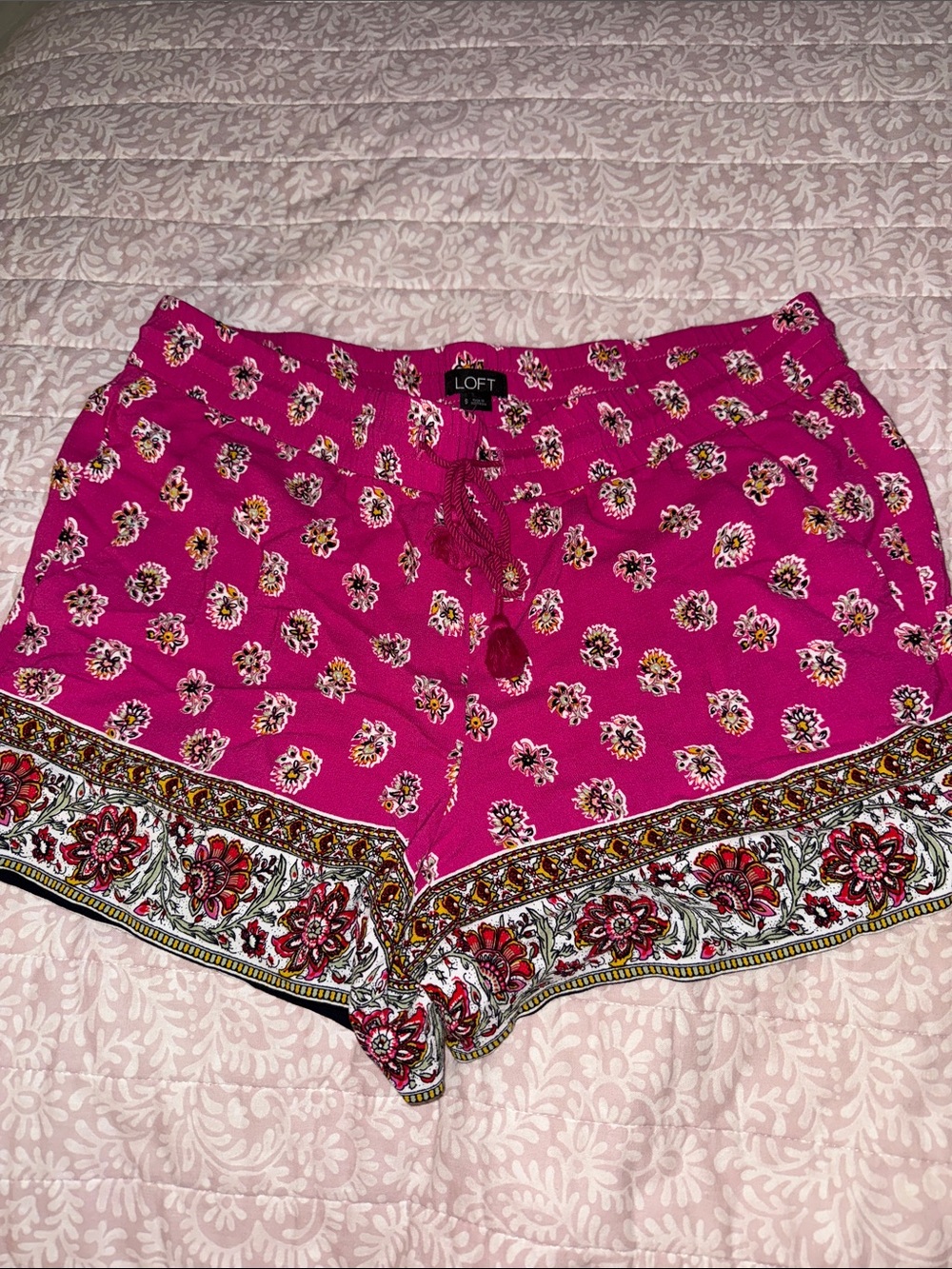 LOFT Hot Pink paisley Floral Border Drawstring Shorts